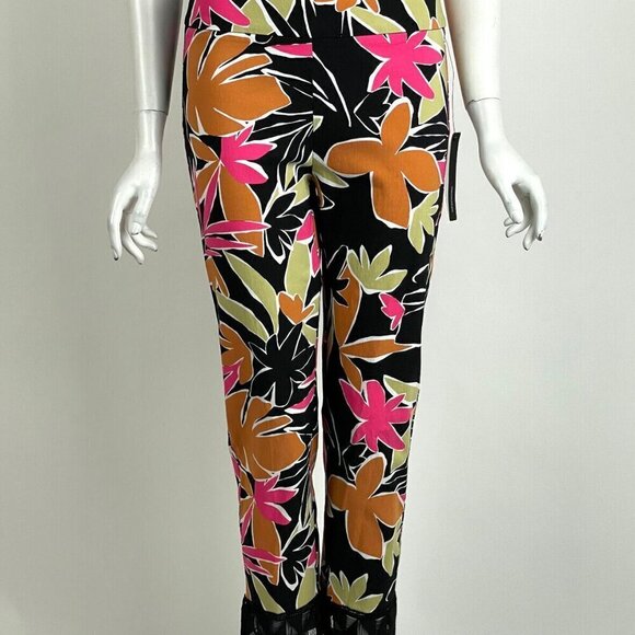 Joseph Ribkoff Lydia Cropped Lace Trim Pants Straight Leg Leaf Print Size 12 New - Picture 6 of 9